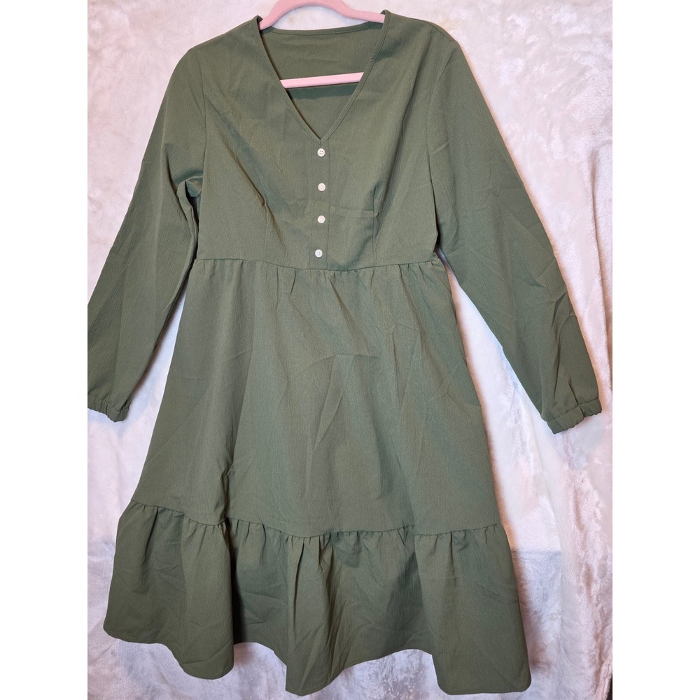Olive Green Long Sleeve Babydoll Dress V-Neck Tiered Ruffle Mini Size Medium